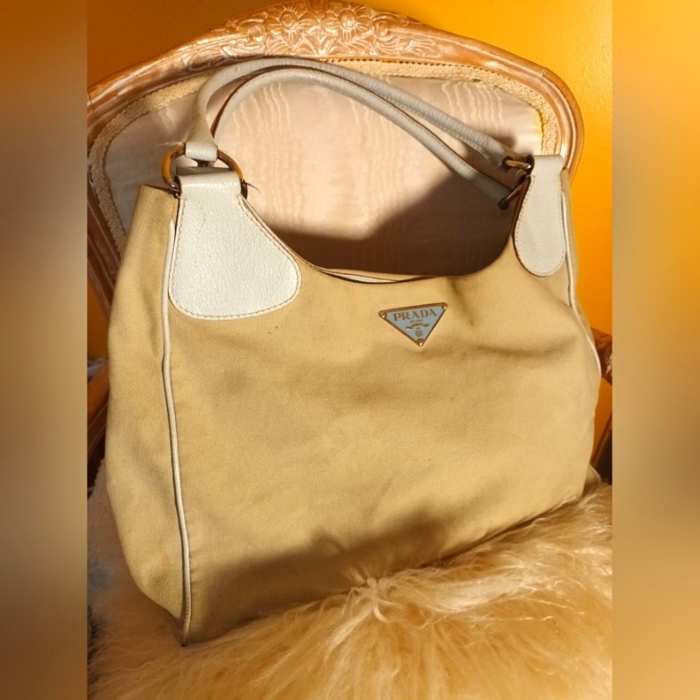 Prada canvas handbag with light blue leather
